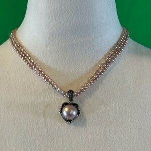 Elegant 18” 925 Silver & Rice Pearl 3 Strand Necklace with Pearl Pendant